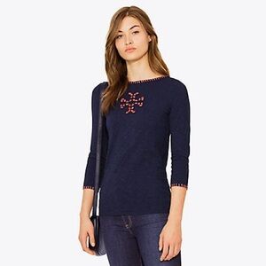 TORY BURCH Jayda Embroidered Beaded 3/4 Sleeve Tee Navy/Orange Size XS